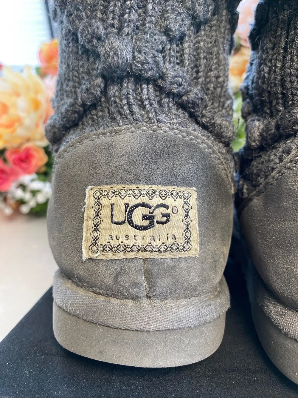 UGG Classic Argyle Knit Tall Sweater Boots Charcoal Gray Sheepskin Women’s 6